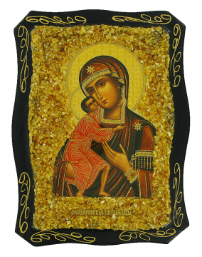 Orthodox icon "Our lady St.Theodore" decorated with natural amber 