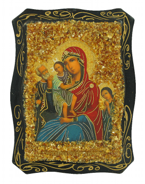 Русская православная икона «Трех радостей», украшенная натуральным янтарем 