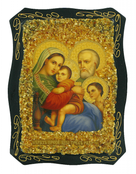 Русская православная икона «Трех радостей» украшенная натуральным янтарем 