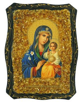 Russische orthodoxe Ikone Muttergottes "Nicht Verwelkende Blume", mit echtem Bernstein Geschmückt 