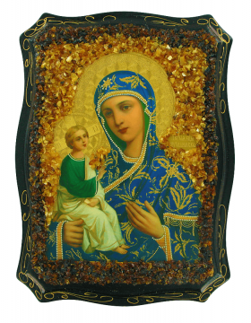 Russische orthodoxe Ikone Mutter Gottes "Jerusalemskaya", mit echtem Bernstein Geschmückt 