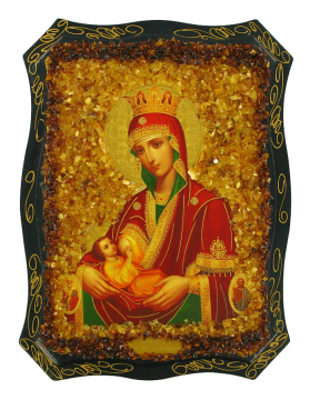 Русская православная икона «Млекопитательница» украшенная натуральным янтарем 