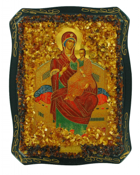 Русская православная икона "Божьей Матери Всецарица", украшенная натуральным янтарем 