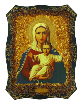 Русская православная икона, Богородица «Леушинская» украшенная натуральным янтарем 