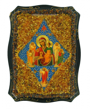 Православная икона,"Неопалимая Купина" украшенная натуральным янтарем 