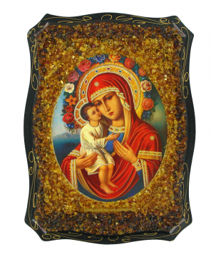 Russische orthodoxe Ikone "Zhirovitsky" mit echtem Bernstein Geschmückt 