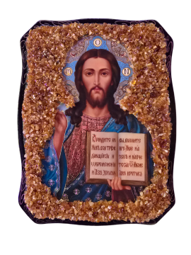 Русская православная икона "Иисуса Христа", украшенная настоящим янтарем 