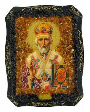 Orthodox icon "St. Nicholas the Wonderworker" decorated with natural amber 