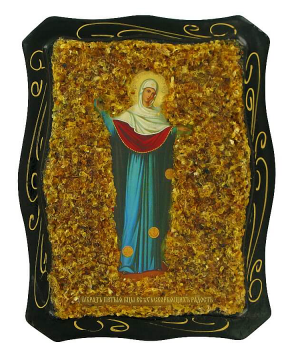 Orthodox icon "The joy of all who sorrow" decorated with natural amber 