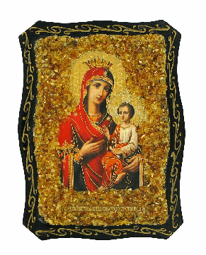 Orthodox icon "She who is quick to hear" decorated with natural amber 