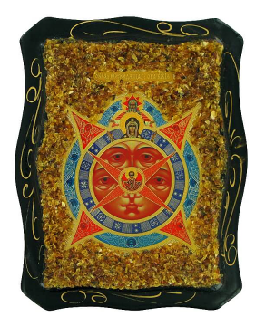 Russische orthodoxe Ikone "Allsehendes Auge", mit natürlichem Bernstein geschmückt 