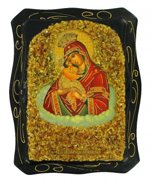 Orthodox icon "Pochaev Mother of God" decorated with natural amber 