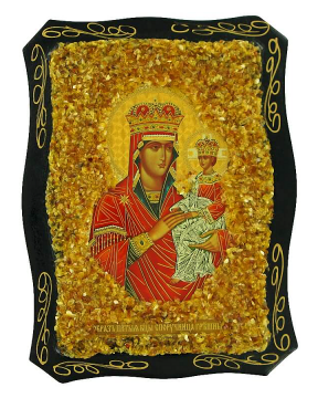Русская православная икона "Споручница Грешных" украшенная натуральным янтарем 