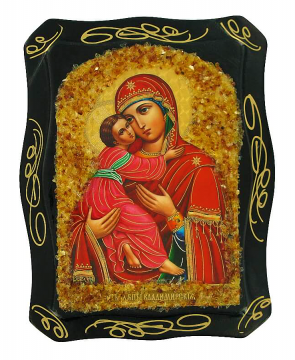 Orthodox icon "Mother of God of Vladimir" decorated with natural amber 