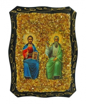 Русская православная икона «Святая Троица» украшенная натуральным янтарем 