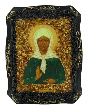 Orthodox icon "St. Matrona of Moscow" decorated with natural amber 