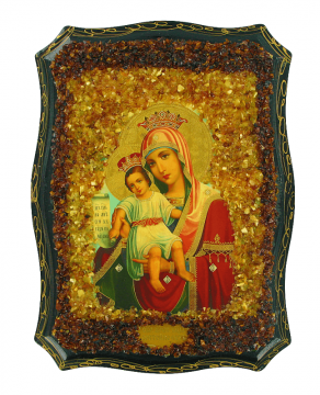 Русская православная икона "Божией Матери Милующая", украшенная натуральным янтарем 