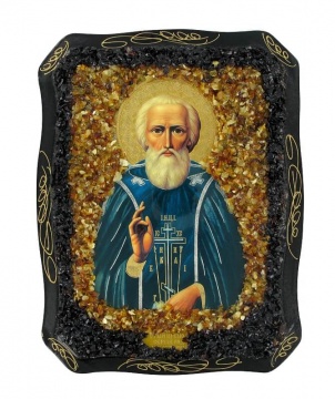 Православная Икона "Сергия Радонежского" украшенная натуральным янтарем 