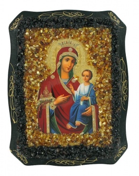 Православная икона" Иверская" украшенная натуральным янтарем 