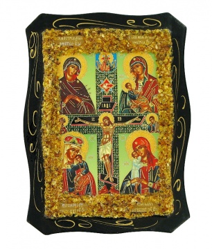 Русская православная икона, «Четырехчастная» украшенная натуральным янтарем 