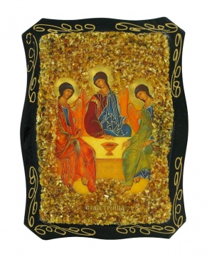 Русская православная икона "Святой Троицы" украшенная натуральным янтарем 