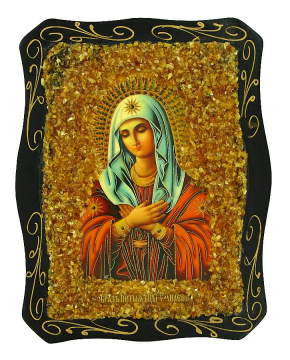 Русская православная икона "Божией Матери Умиление", украшенная натуральным янтарем 