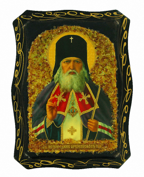 Русская православная икона святого "Луки Войно-Ясенецкого", украшенная натуральным янтарем 