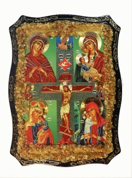 Русская православная икона, «Четырехчастная» украшенная натуральным янтарем 