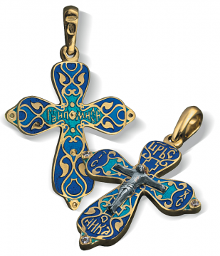Orthodox cross pendant "Crucifixion of Christ" silver 925° with red gold plated 999°. with blue enamel 