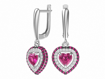 Silver earrings with synthetic ruby quartz and cubic zirkonia 