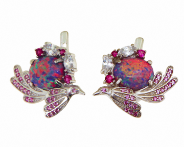 Gold-plated earrings with synthetic opals and colorful cubic zirkonia 