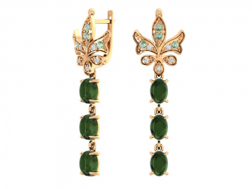 Earrings in red gold of 585 assay value with diamonds, tourmaline 