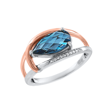 Lady´s ring in red gold of 585 assay value with diamonds and London topaz 