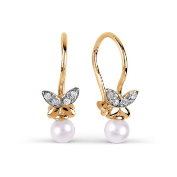Children's earrings in red gold of 585 assay value with natural pearl and zirconia 