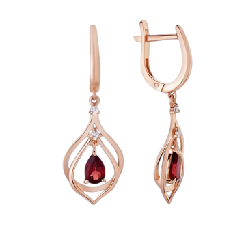 Earrings in red gold of 585 assay value with garnet 