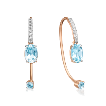 Серьги из красного Золот 585 пробы с голубыми топазами и фианитами 
