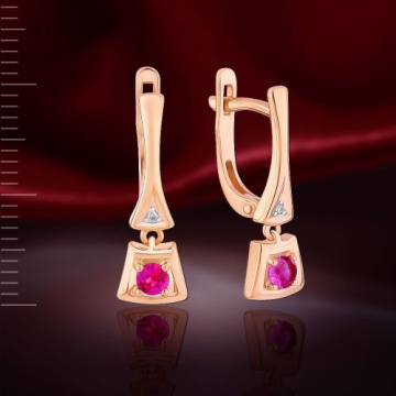 Earrings in red gold of 585 assay value with diamonds and ruby 