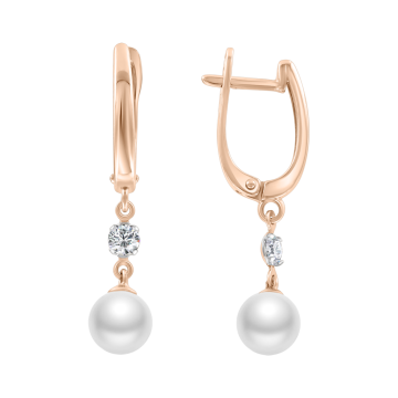 Серьги из красного золота 585 пробы с фианитами и жемчугом 