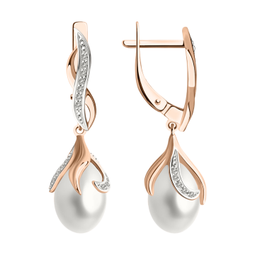 Серьги в красном золоте 585 пробы с бриллиантами и жемчугом 