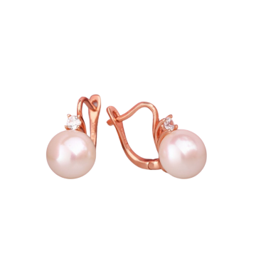 Серьги из красного золота 585 пробы с фианитами и жемчугом 