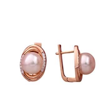 Серьги из красного золота 585 пробы с фианитами и жемчугом 