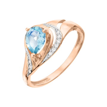 Rotgold 585° Damenring mit blau Topas, Zirkonia 