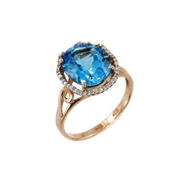 Rotgold 585° Damenring mit blau Topas, Zirkonia 