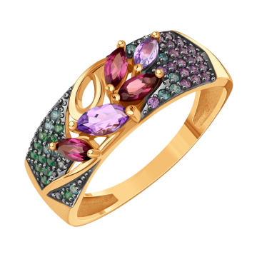 Rotgold 585° Damenring mit Zirkonia, Amethyst,Rhodolith 