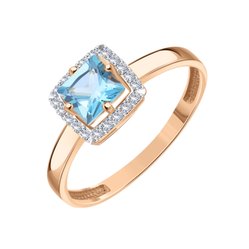 Rotgold 585° Damenring mit blau Topas, Zirkonia 