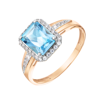 Rotgold 585° Damenring mit blau Topas, Zirkonia 