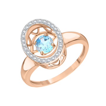 Rotgold 585° Damenring mit blau Topas, Zirkonia 