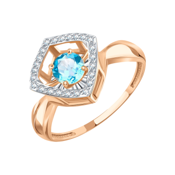 Rotgold 585° Damenring mit blau Topas, Zirkonia 