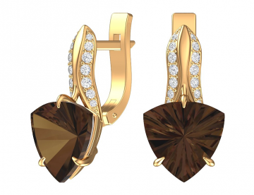 Earrings in red gold of 585 assay value with smoky topaz, zirconia 