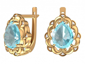 Earrings in red gold of 585 assay value with blue topaz, zirconia 